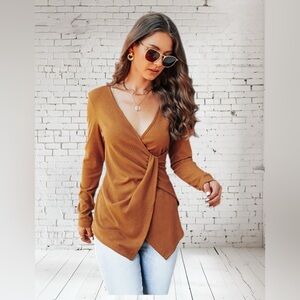 Donella Ribbed Surplice Wrap Top XL NWOT | Stretch Knit Deep‑V Long Sleeve